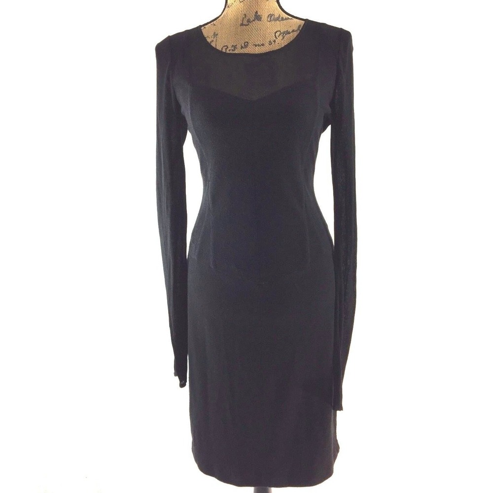 Rachel Roy Dress MED Black Mesh Long Sl Sweetheart Soft Felt Seam Detail Sexy